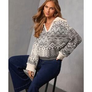 Grace & Karma In Season Abstract Contrast Blue Gray Knit V-Neck Sweater-Size M